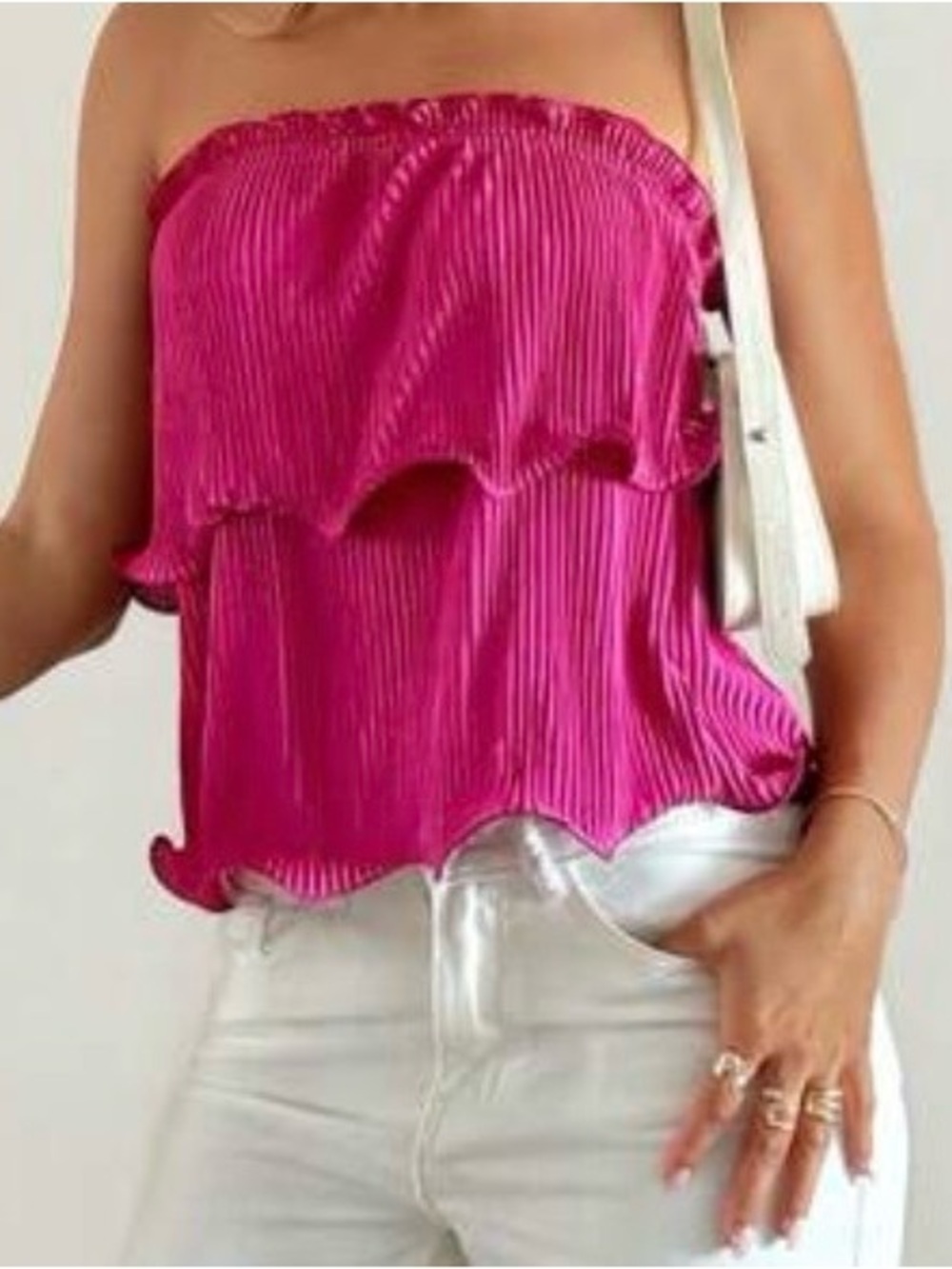 Strapless Ruffle Pleated Top in Fuchsia